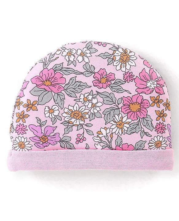 Babyhug 100% Cotton Knit Cap Mittens & Booties Set Floral Print - Pink