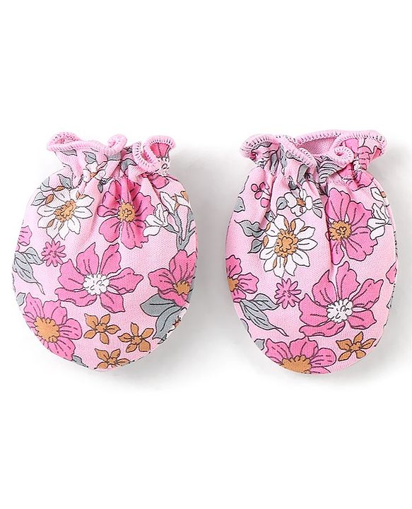 Babyhug 100% Cotton Knit Cap Mittens & Booties Set Floral Print - Pink
