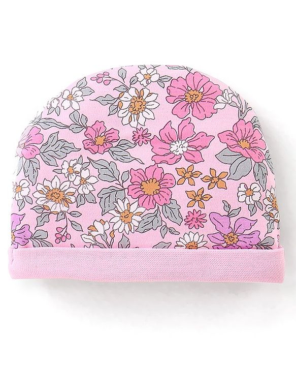 Babyhug 100% Cotton Knit Cap Mittens & Booties Set Floral Print - Pink