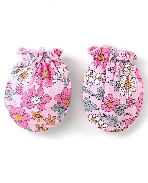 Babyhug 100% Cotton Knit Cap Mittens & Booties Set Floral Print - Pink