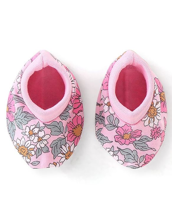 Babyhug 100% Cotton Knit Cap Mittens & Booties Set Floral Print - Pink