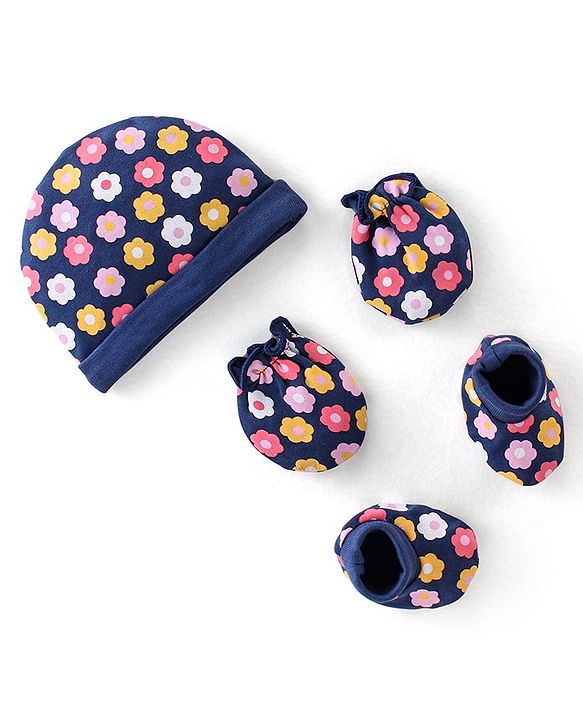 Babyhug 100% Cotton Knit Cap Mittens & Booties With Floral Print - Navy Blue