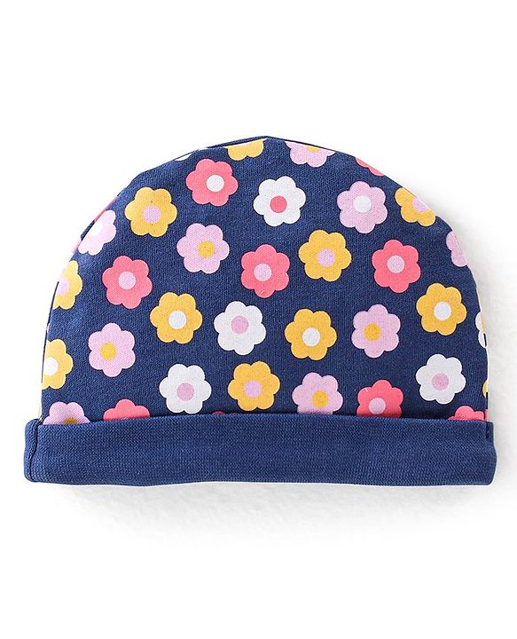 Babyhug 100% Cotton Knit Cap Mittens & Booties With Floral Print - Navy Blue