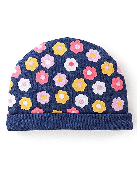 Babyhug 100% Cotton Knit Cap Mittens & Booties With Floral Print - Navy Blue