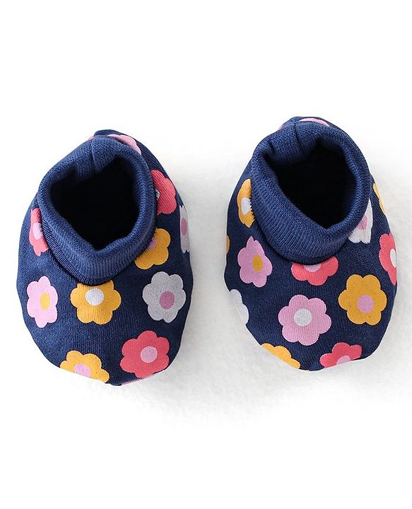 Babyhug 100% Cotton Knit Cap Mittens & Booties With Floral Print - Navy Blue