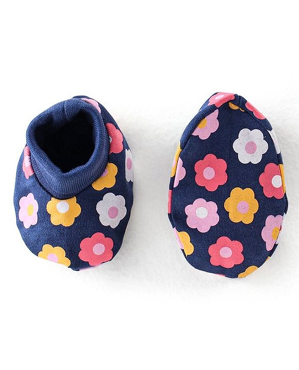 Babyhug 100% Cotton Knit Cap Mittens & Booties With Floral Print - Navy Blue