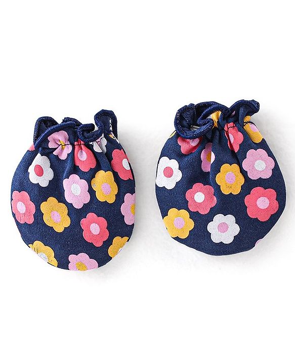 Babyhug 100% Cotton Knit Cap Mittens & Booties With Floral Print - Navy Blue