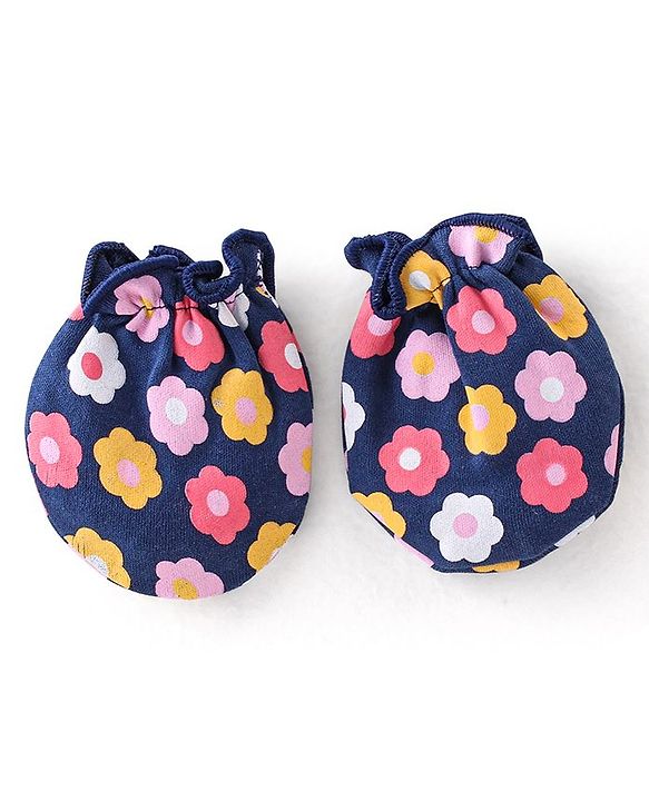 Babyhug 100% Cotton Knit Cap Mittens & Booties With Floral Print - Navy Blue