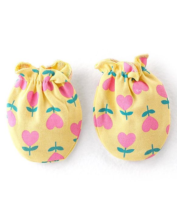 Babyhug 100% Cotton Cap Mittens & Booties Set With Floral Print Yellow - Diameter 9.5 cm