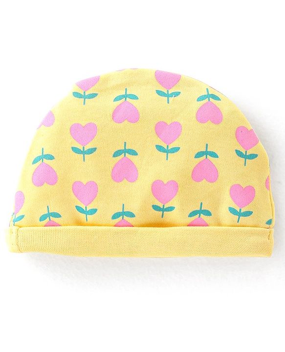 Babyhug 100% Cotton Cap Mittens & Booties Set With Floral Print Yellow - Diameter 9.5 cm