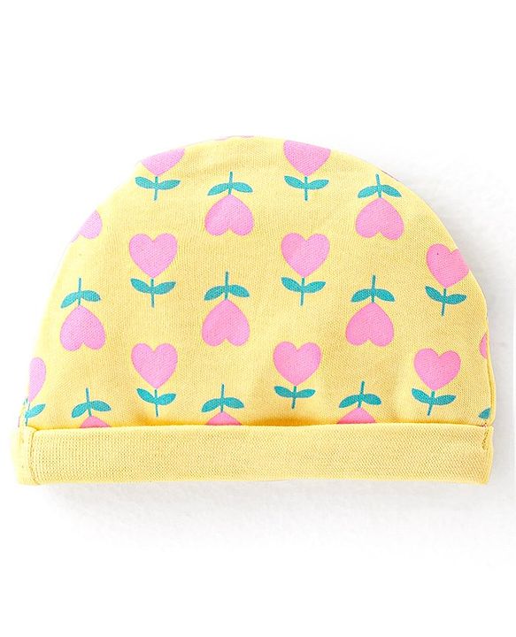Babyhug 100% Cotton Cap Mittens & Booties Set With Floral Print Yellow - Diameter 9.5 cm
