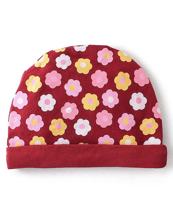 Babyhug 100% Cotton Knit Cap Mittens & Booties Set Floral Print - Red