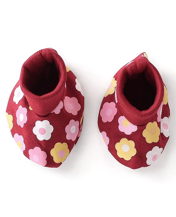 Babyhug 100% Cotton Knit Cap Mittens & Booties Set Floral Print - Red