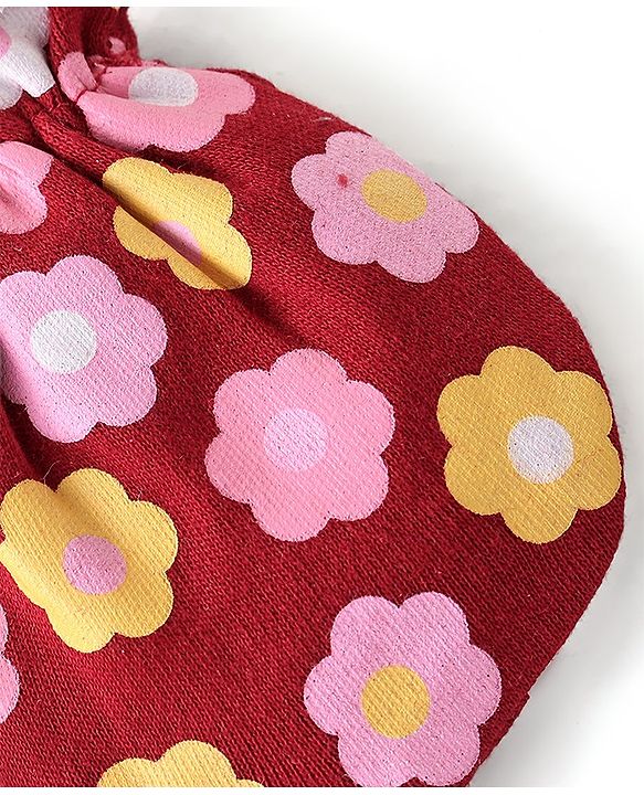 Babyhug 100% Cotton Knit Cap Mittens & Booties Set Floral Print - Red