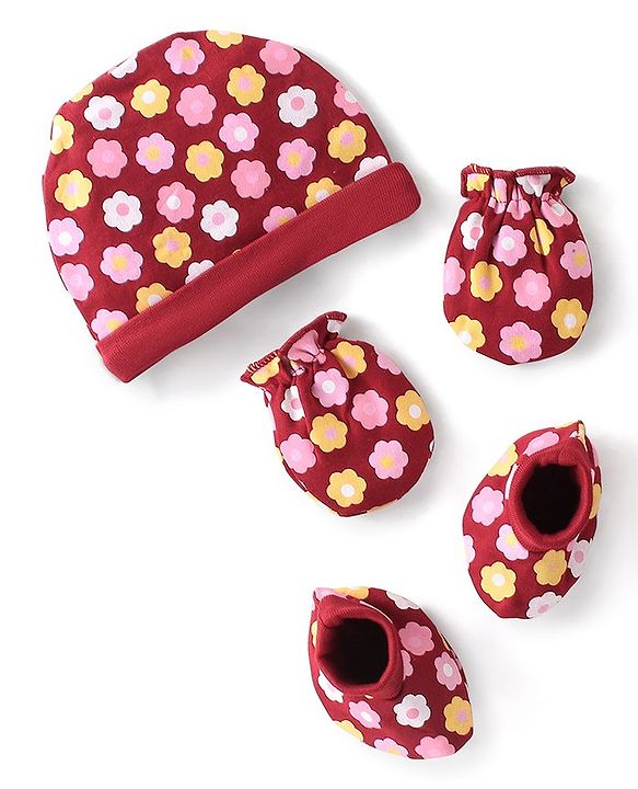 Babyhug 100% Cotton Knit Cap Mittens & Booties Set Floral Print - Red