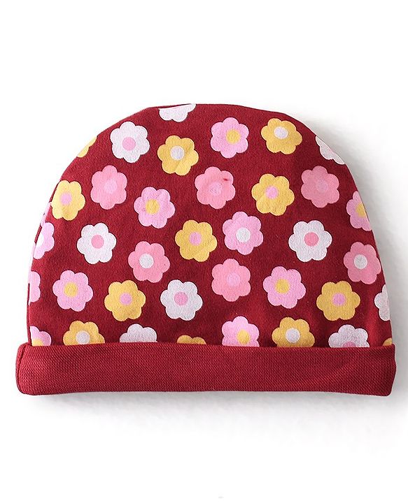 Babyhug 100% Cotton Knit Cap Mittens & Booties Set Floral Print - Red