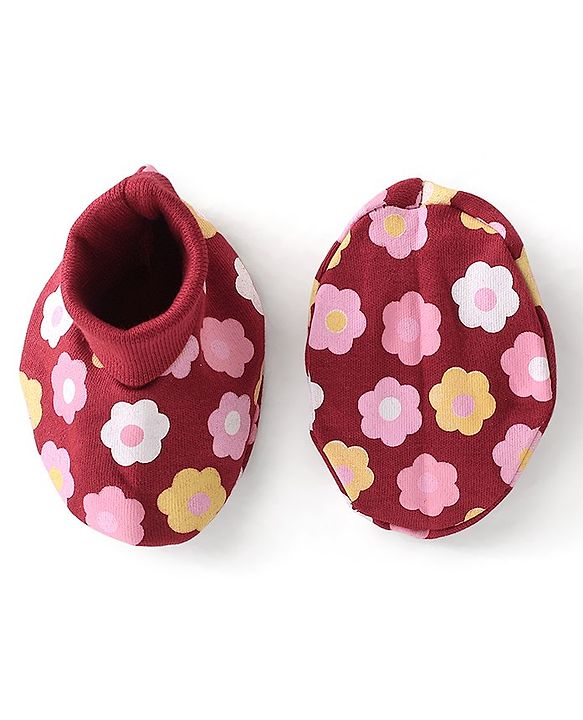 Babyhug 100% Cotton Knit Cap Mittens & Booties Set Floral Print - Red