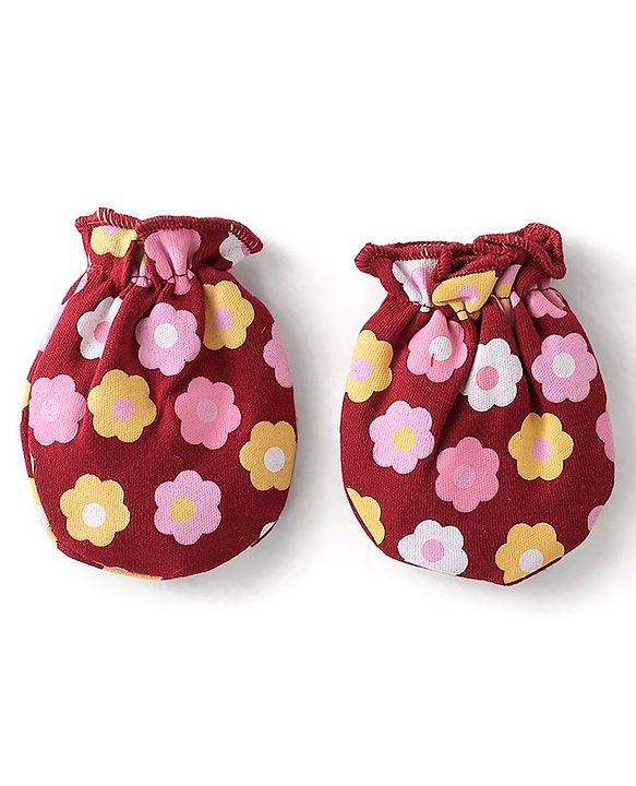 Babyhug 100% Cotton Knit Cap Mittens & Booties Set Floral Print - Red