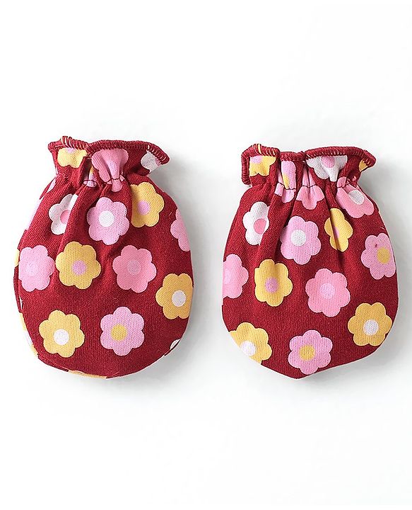 Babyhug 100% Cotton Knit Cap Mittens & Booties Set Floral Print - Red