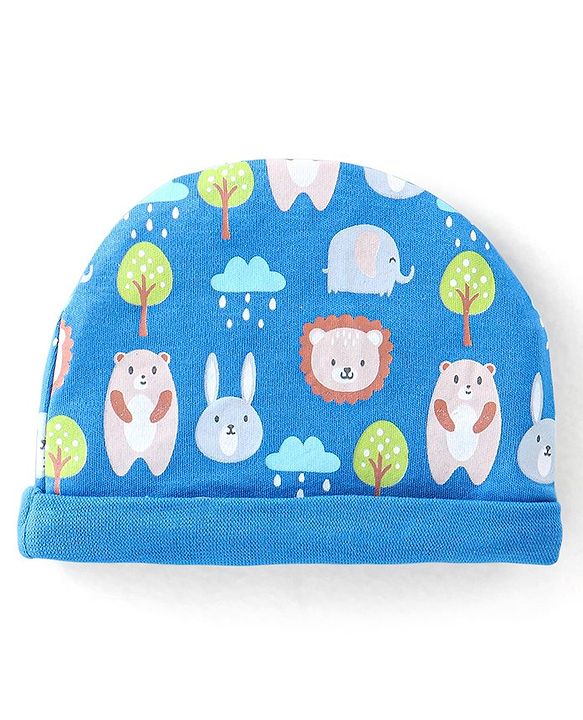 Babyhug 100% Cotton Knit Bear Print Cap Mittens & Booties - Navy Blue