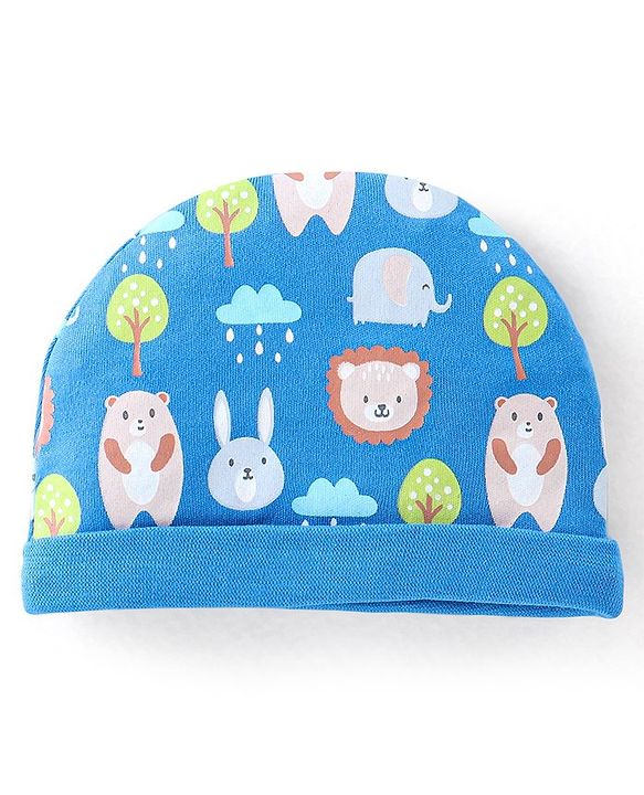 Babyhug 100% Cotton Knit Bear Print Cap Mittens & Booties - Navy Blue
