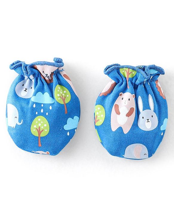 Babyhug 100% Cotton Knit Bear Print Cap Mittens & Booties - Navy Blue