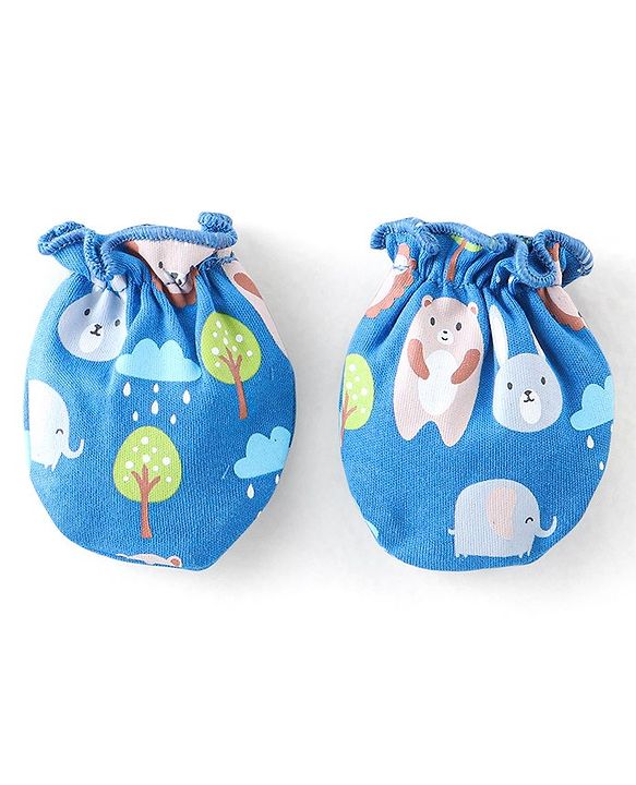 Babyhug 100% Cotton Knit Bear Print Cap Mittens & Booties - Navy Blue