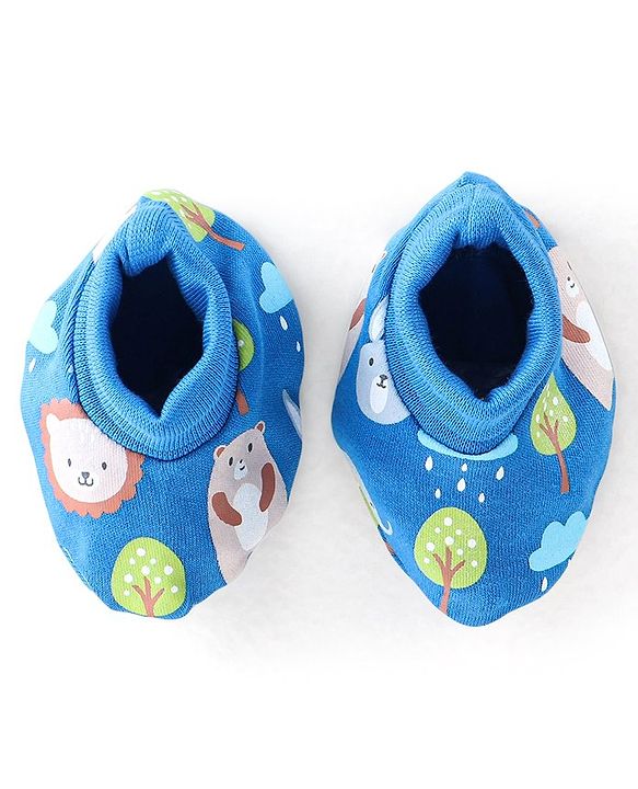 Babyhug 100% Cotton Knit Bear Print Cap Mittens & Booties - Navy Blue