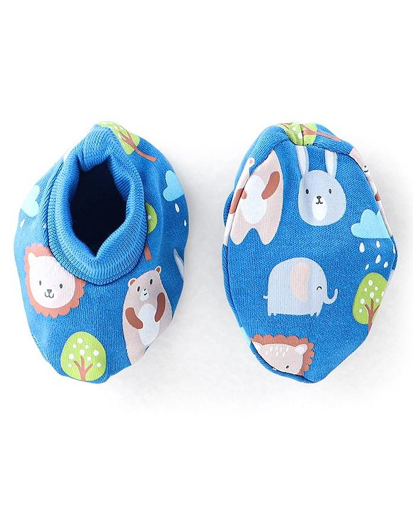 Babyhug 100% Cotton Knit Bear Print Cap Mittens & Booties - Navy Blue