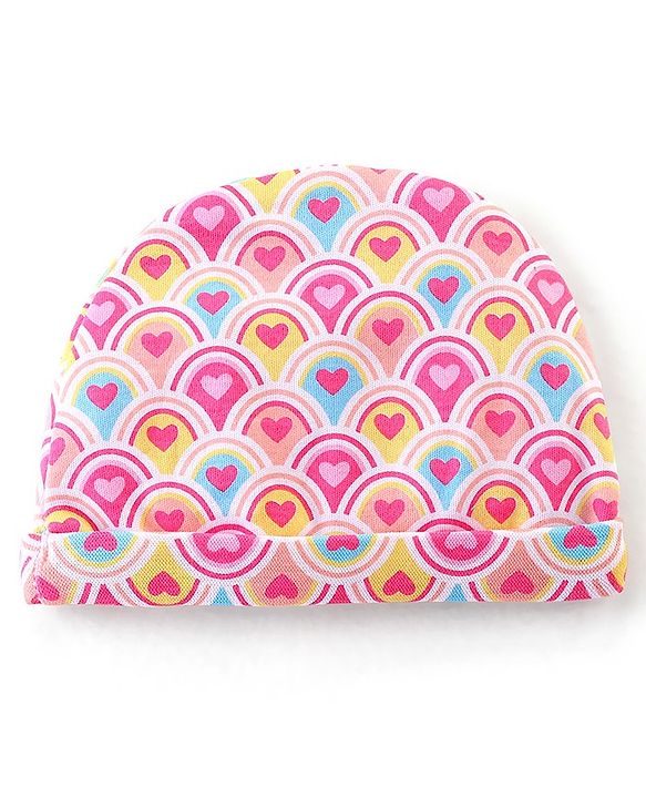 Babyhug 100% Cotton Interlock Knit Cap Mittens & Booties Set with Heart Print - Pink