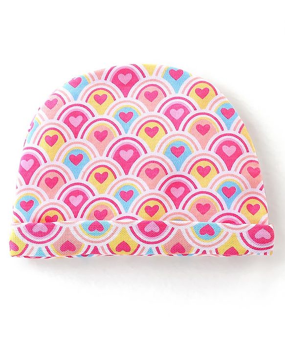 Babyhug 100% Cotton Interlock Knit Cap Mittens & Booties Set with Heart Print - Pink
