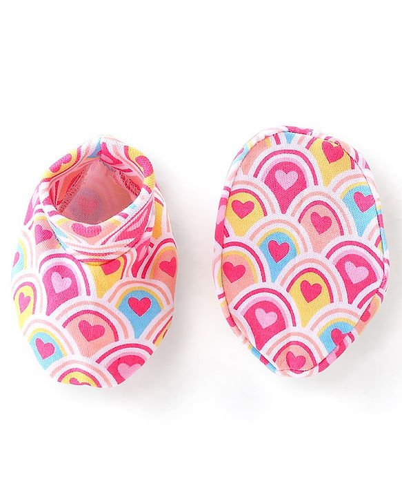 Babyhug 100% Cotton Interlock Knit Cap Mittens & Booties Set with Heart Print - Pink
