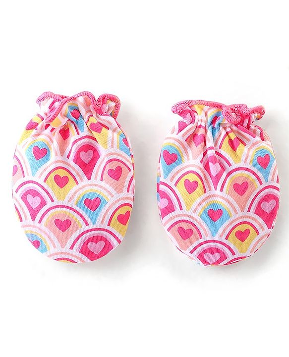 Babyhug 100% Cotton Interlock Knit Cap Mittens & Booties Set with Heart Print - Pink