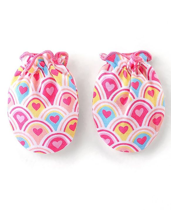 Babyhug 100% Cotton Interlock Knit Cap Mittens & Booties Set with Heart Print - Pink