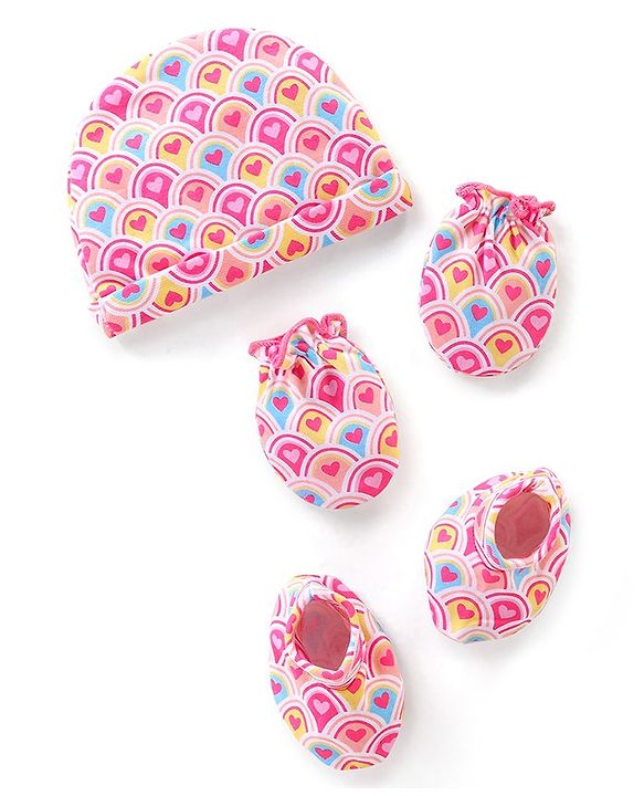 Babyhug 100% Cotton Interlock Knit Cap Mittens & Booties Set with Heart Print - Pink