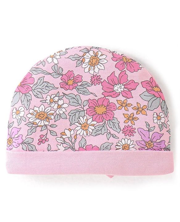 Babyhug 100% Cotton Knit Cap Floral Printed with Bow Applique- Pink