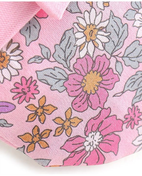 Babyhug 100% Cotton Knit Cap Floral Printed with Bow Applique- Pink