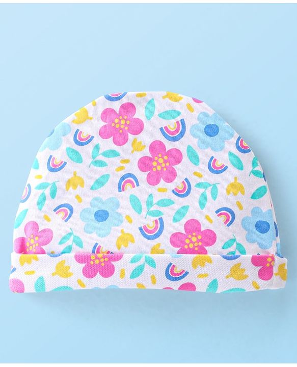 Babyhug 100% Cotton Knit Cap with Floral Design and Bow - Multicolour