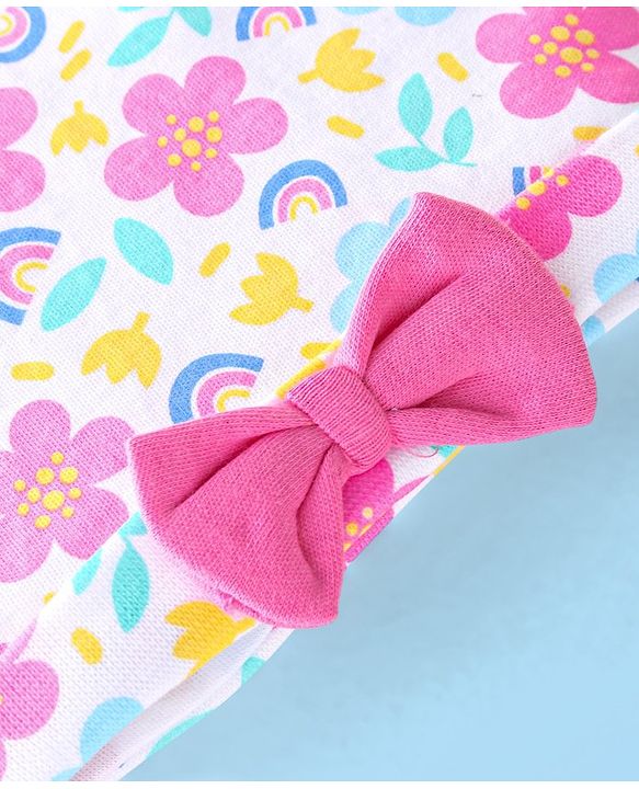 Babyhug 100% Cotton Knit Cap with Floral Design and Bow - Multicolour