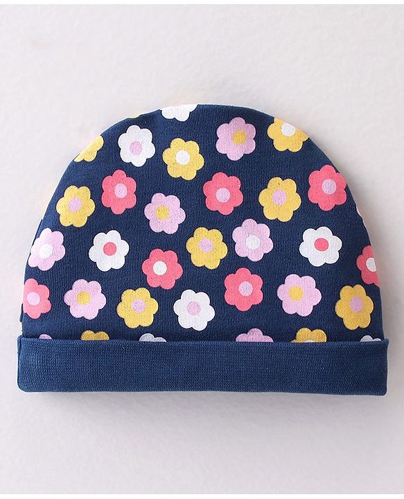 Babyhug 100% Cotton Interlock Knit Cap Floral Print - Navy Blue