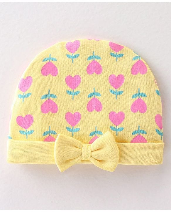 Babyhug 100% Cotton Interlock Knit Cap Heart Print - Yellow