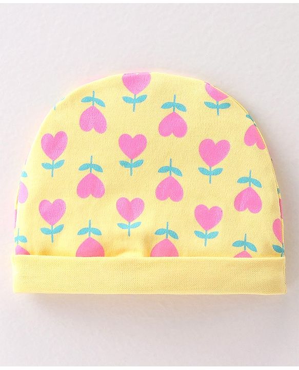 Babyhug 100% Cotton Interlock Knit Cap Heart Print - Yellow