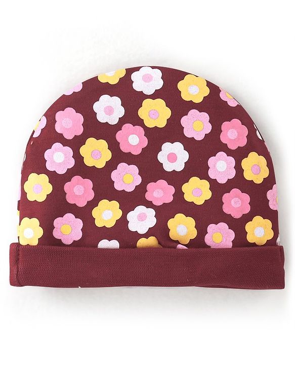 Babyhug 100% Cotton Knit Cap Floral Printed with Bow Applique- Red