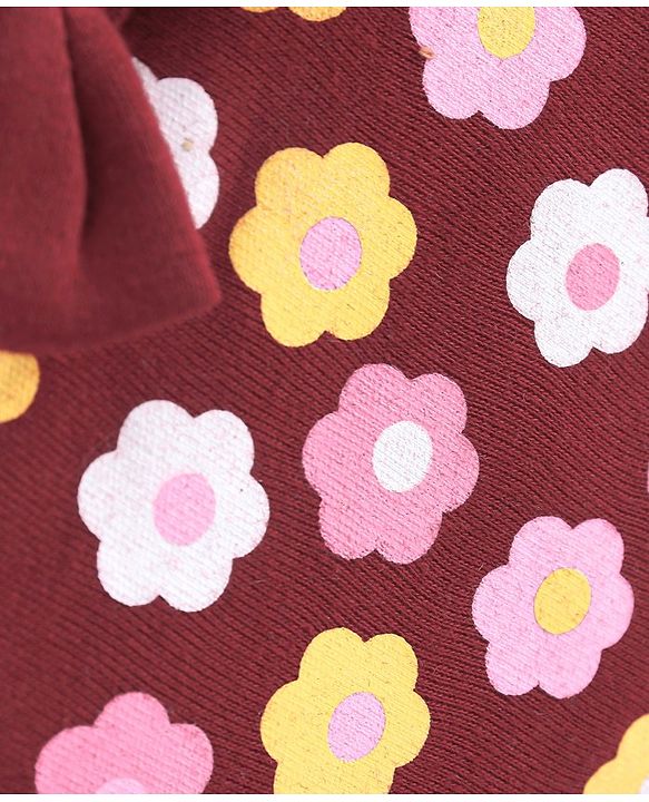 Babyhug 100% Cotton Knit Cap Floral Printed with Bow Applique- Red