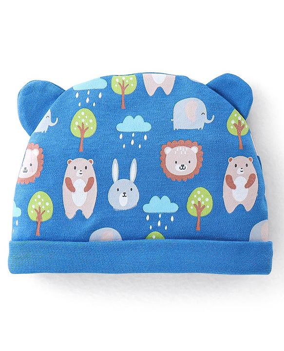 Babyhug 100% Cotton Knit Bear Print Cap - Navy Blue