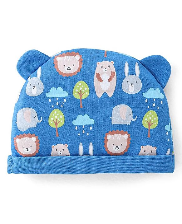 Babyhug 100% Cotton Knit Bear Print Cap - Navy Blue