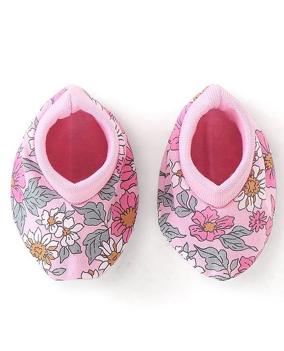 Babyhug 100% Cotton Knit Mittens & Booties Set Floral Print - Pink