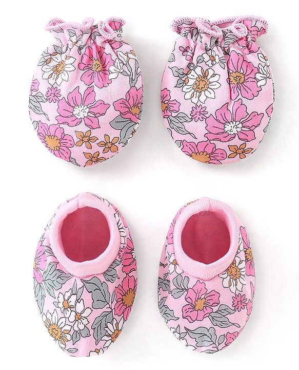 Babyhug 100% Cotton Knit Mittens & Booties Set Floral Print - Pink