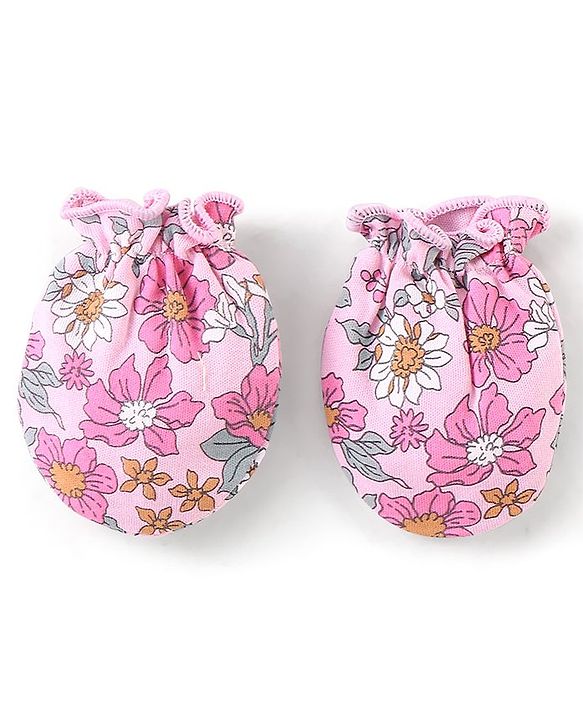 Babyhug 100% Cotton Knit Mittens & Booties Set Floral Print - Pink