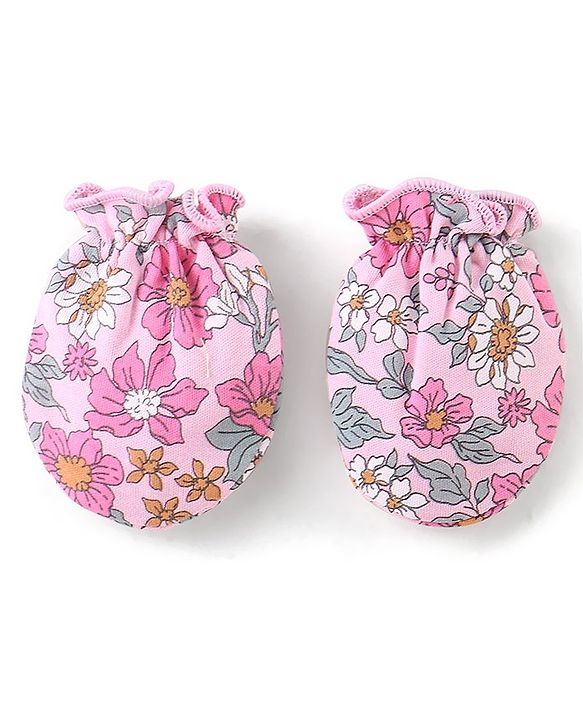 Babyhug 100% Cotton Knit Mittens & Booties Set Floral Print - Pink